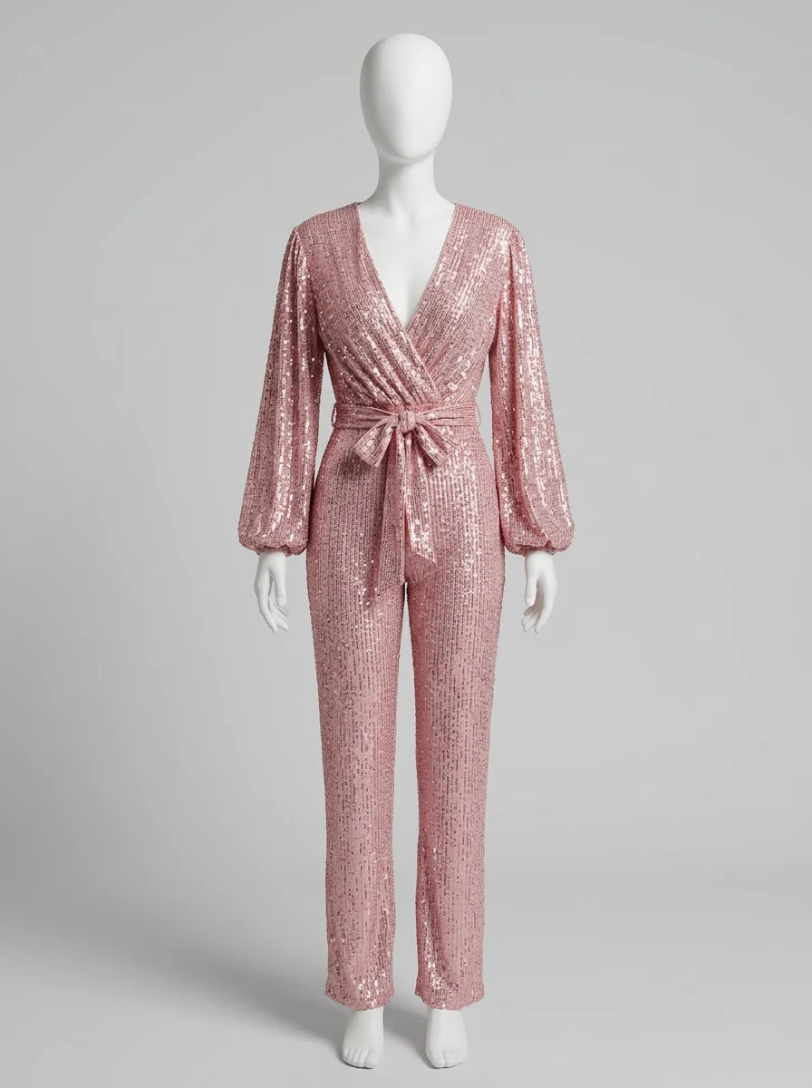 Combinaison rose scintillante décolleté v ceinture femme – Image 4