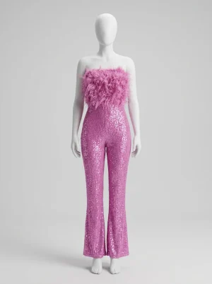 Combinaison rose sequins plumes évasée femme