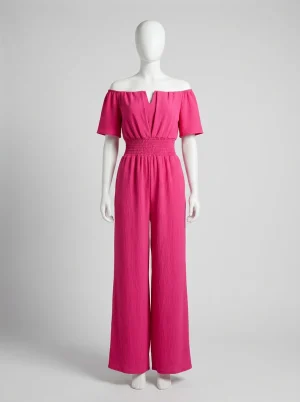 Combinaison rose smockée jambes larges décontractée