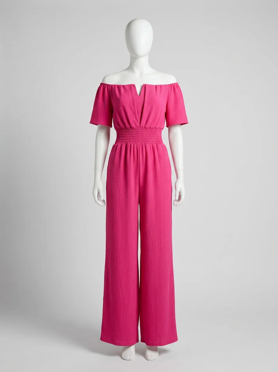 Combinaison rose smockée jambes larges décontractée