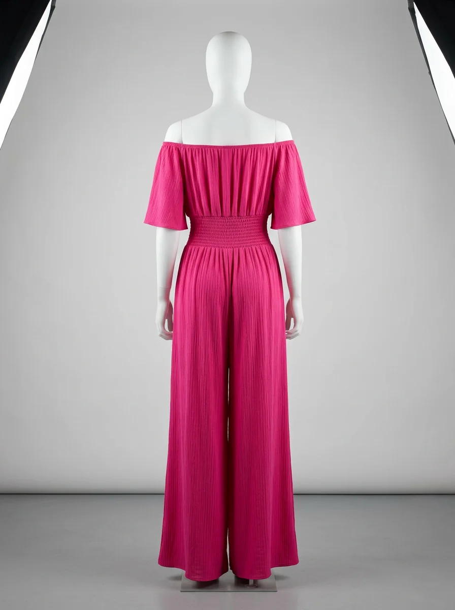 Combinaison rose smockée jambes larges décontractée – Image 3