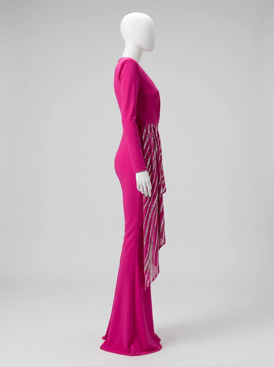 Combinaison rose soirée asymétrique scintillante ajustée – Image 4